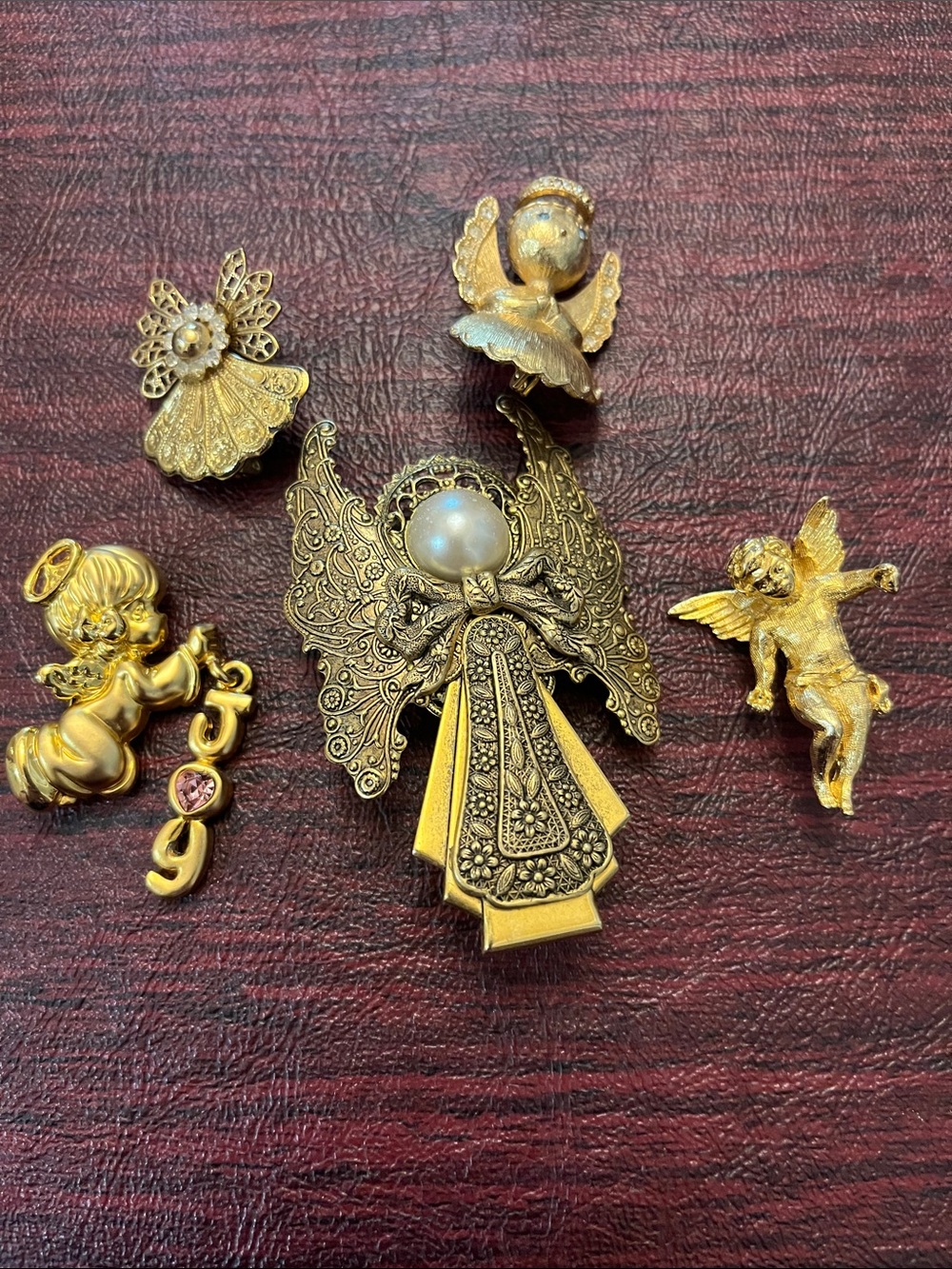Vintage Lot of 5 Golden Angel Brooch Pins -1 Signed PMI